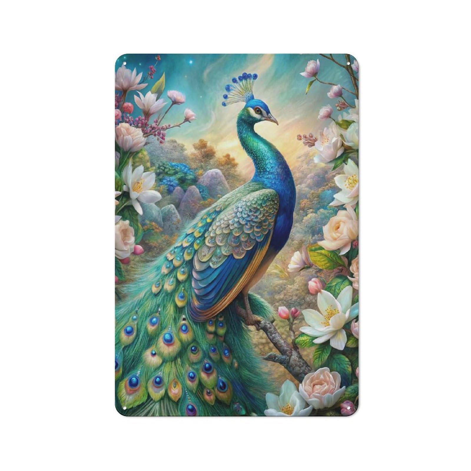 Junmoney Peacock In Floral Paradise Metal Wall Sign 30X20cm Featuring For Pub Or Café, For Pub Decor Enthusiasts, For Retro Home Interiors
