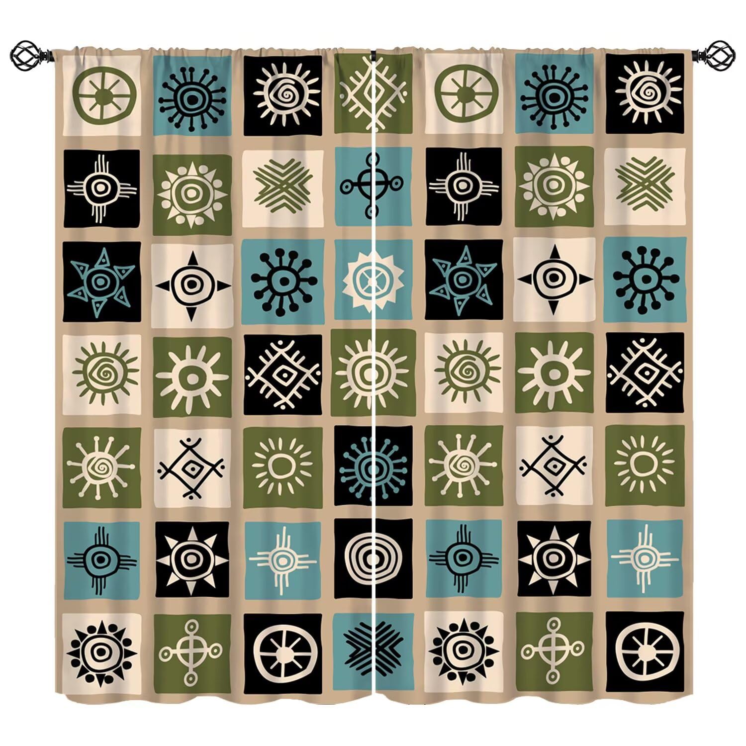 Moderw African Window Curtains, Vintage Colorful African Sun Window Treatments Abstract Geometric Ethnic Traditional Elements Curtains for Bedroom Living Room W63xL72in