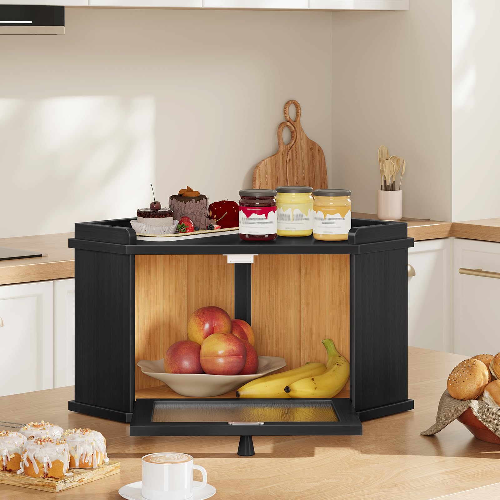 HOOBRO Panera Esquinera de Bambú con Diseño de Ondas de Agua, Caja de Almacenamiento de Pan, para Alimentos, para Cocina y Comedor, 32 x 32 x 24 cm, Negro EBK18MB01