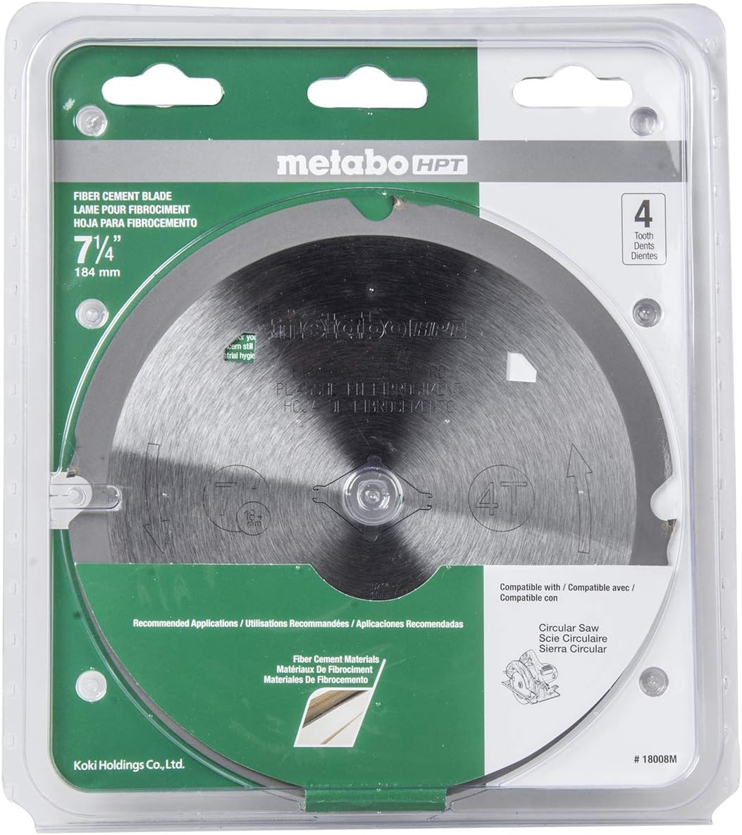 Metabo HPT Fiber Cement Blade, 7-1/4", Polycrystalline Diamond Tip, 5/8" Diameter, 4-Tooth, For Use With Circular Saws, (18008M)