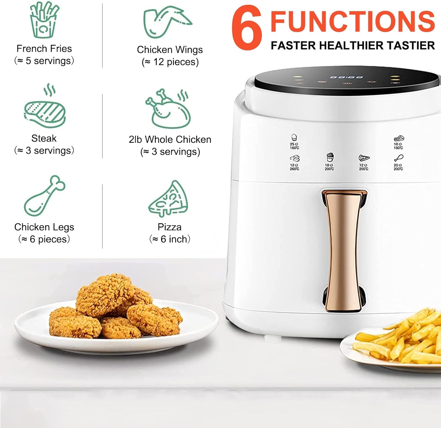 Air fryer showing 6 preset functions for various foods