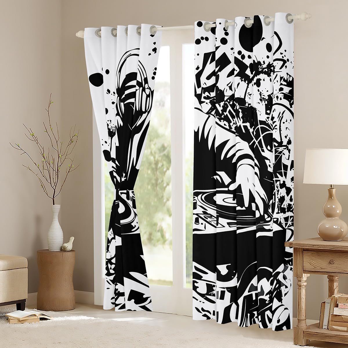 Erosebridal Dj Controller Curtain Pop Music Curtains for Kids Boys Teens,Fashion Hip Hop Window Treatment Modern Rock Living Room Decorative 104"X84" Black and White