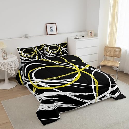 Miniatura 3 de Castle Fairy Juego de edredón de rayas espirales abstractas tamaño individual, juego de ropa de cama de líneas blancas y amarillas para niños y