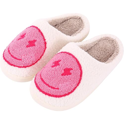Retro Lightning Bolt Smile Face Soft Plush Comfy Warm Fuzzy Women's Cozy House Slippers