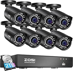 ZOSI 8MP 4K PoE Home Security Camera System Outdoor, H.265+ 8CH PoE NVR (16CH Expandable) with 2TB HDD for 24/7 Recording, 8PCS 5MP(3K) Bullet PoE IP Cameras, Motion Detection, Remote Control asin的图片