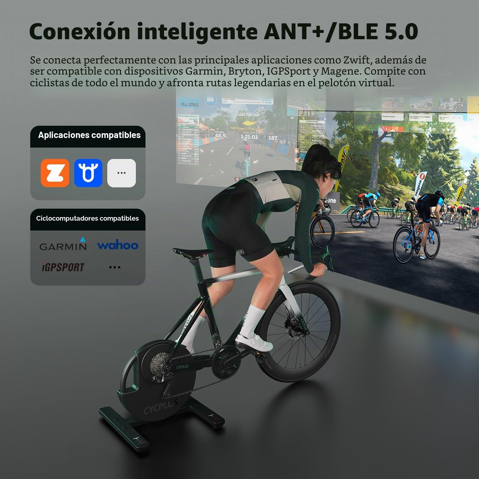 CYCPLUS R200 - Entrenador inteligente para bicicleta de interior, motor sin escobillas de 2200 W, simulador de gradiente del 19%, modo dual BLE y ANT+, cambio virtual, simulación cuesta arriba/cuesta