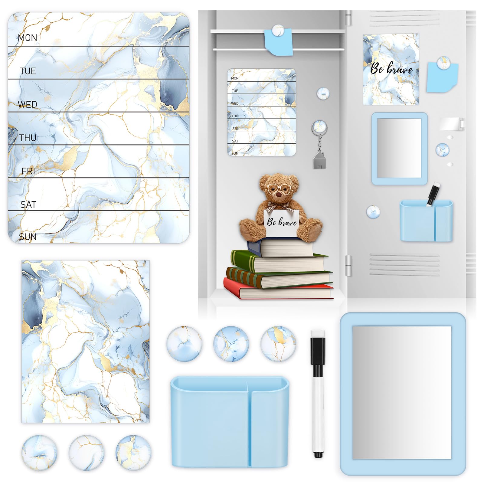 Gosodeny 11 Pcs Blue Marble Locker Accessories Kit with Magnetic Whiteboard Mirror and Pen Holder Marble Lockers Organizer Decorations Back to School Essentials Locker Decorations
