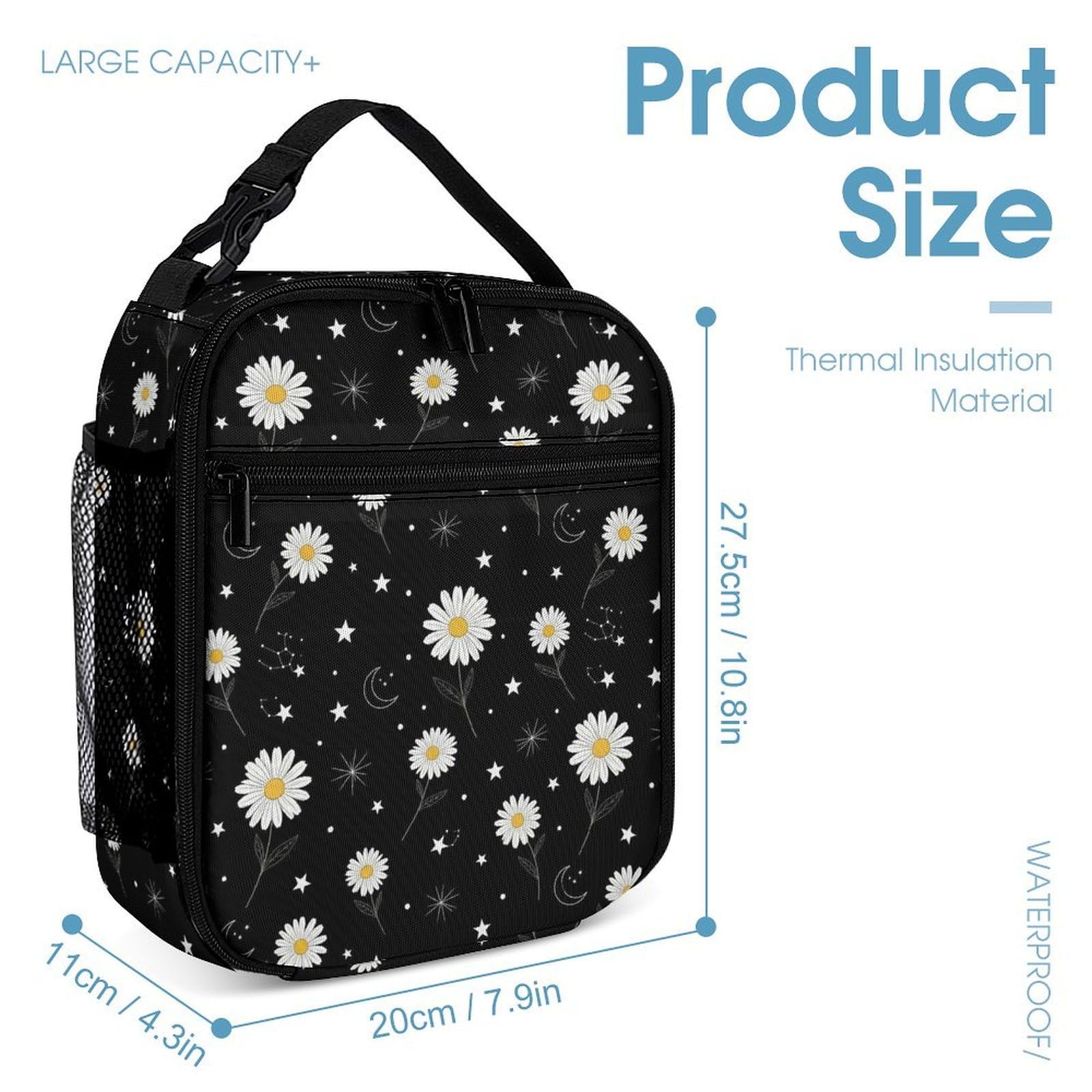 Ensemble sac à dos à motif marguerite soleil et lune avec boîte à lunch, trousse de maquillage et accessoires de toilette.