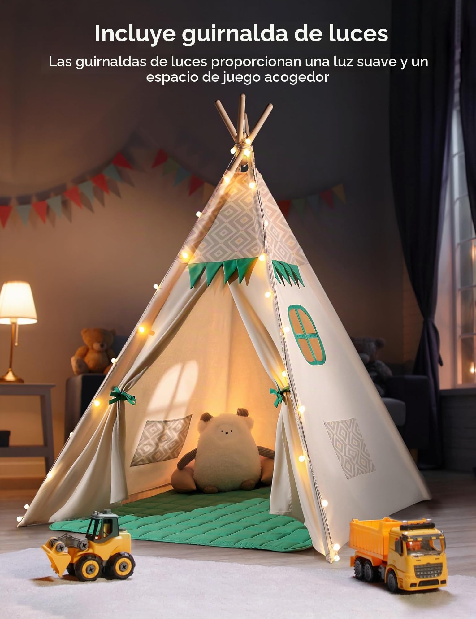 besrey Tipi Infantil Indio para Niños Tienda de Campaña Infantil Canvas Tipi de algodón con Alfombra Acolchado y Luces de Hadas (Verde y Blanco)