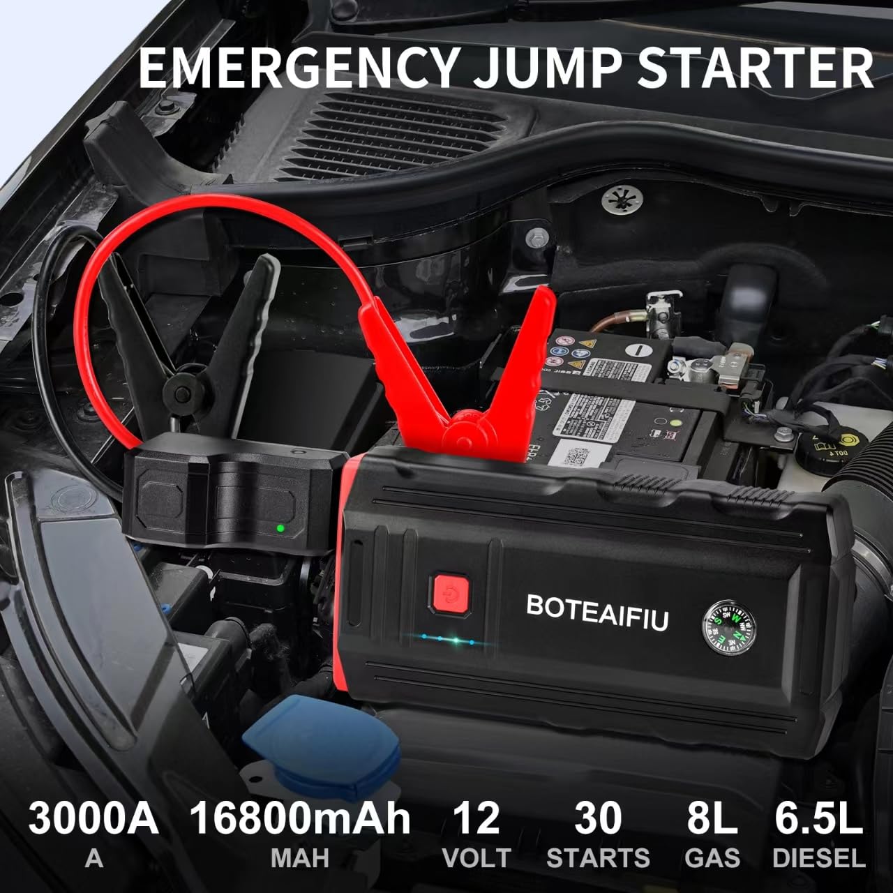 Avviatore Batteria Auto 3000A Avviatore di Emergenza per Auto/Moto Booster Catteria Auto (8.0L Gas o 6.5L Diesel) 12V Jump Starter BoosterTorcia a LED Ricarica USB
