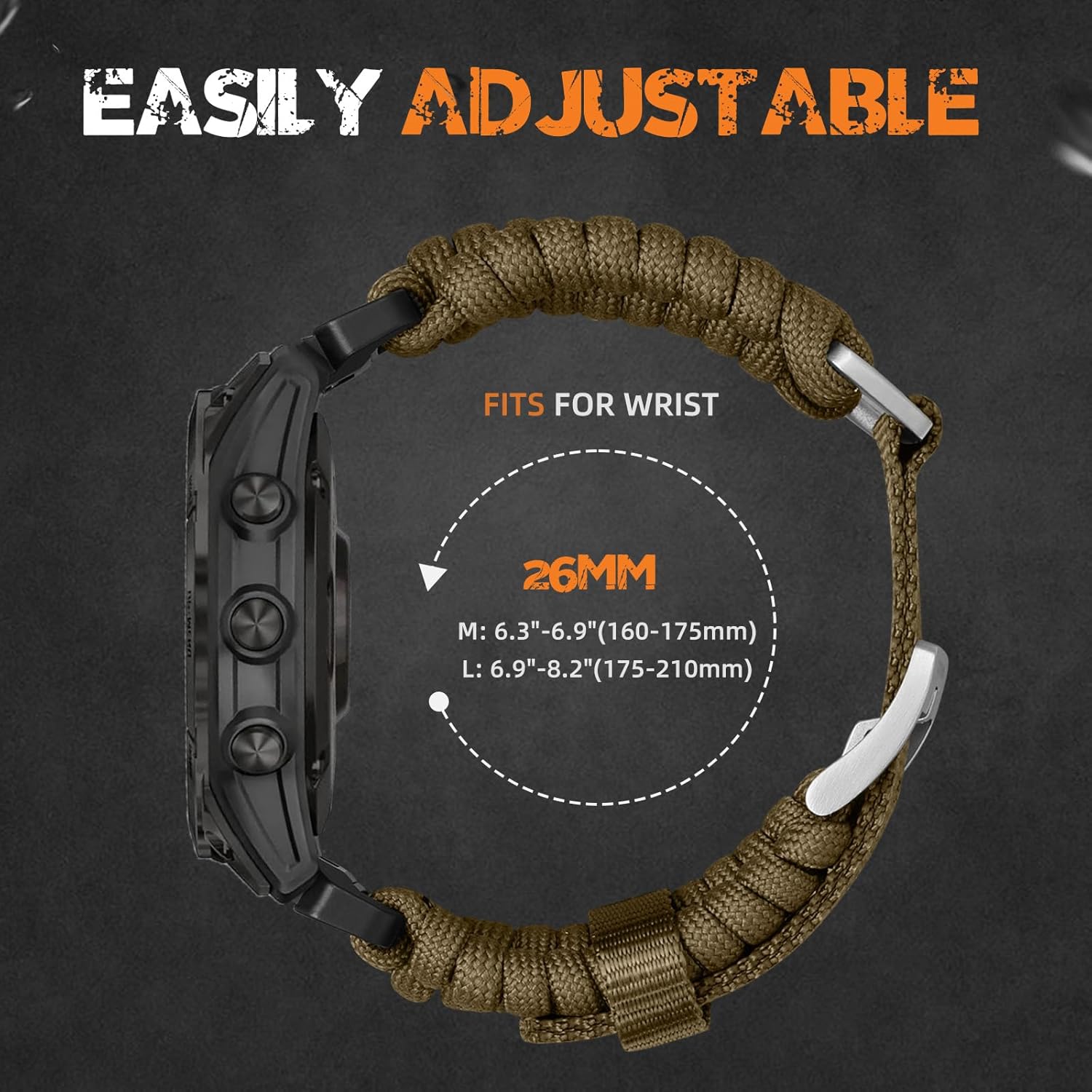 Bandletic Compatible with Garmin Fenix 6X Band - Survival Paracord Woven Easy-Fit 26mm Watch Band for Fenix 8 51mm/7X/7X Pro/6X Pro/5X/5X Plus/3/3 HR/Instinct 3 50mm/2X/Tactix/Enduro/Epix Pro 51mm - Image 6