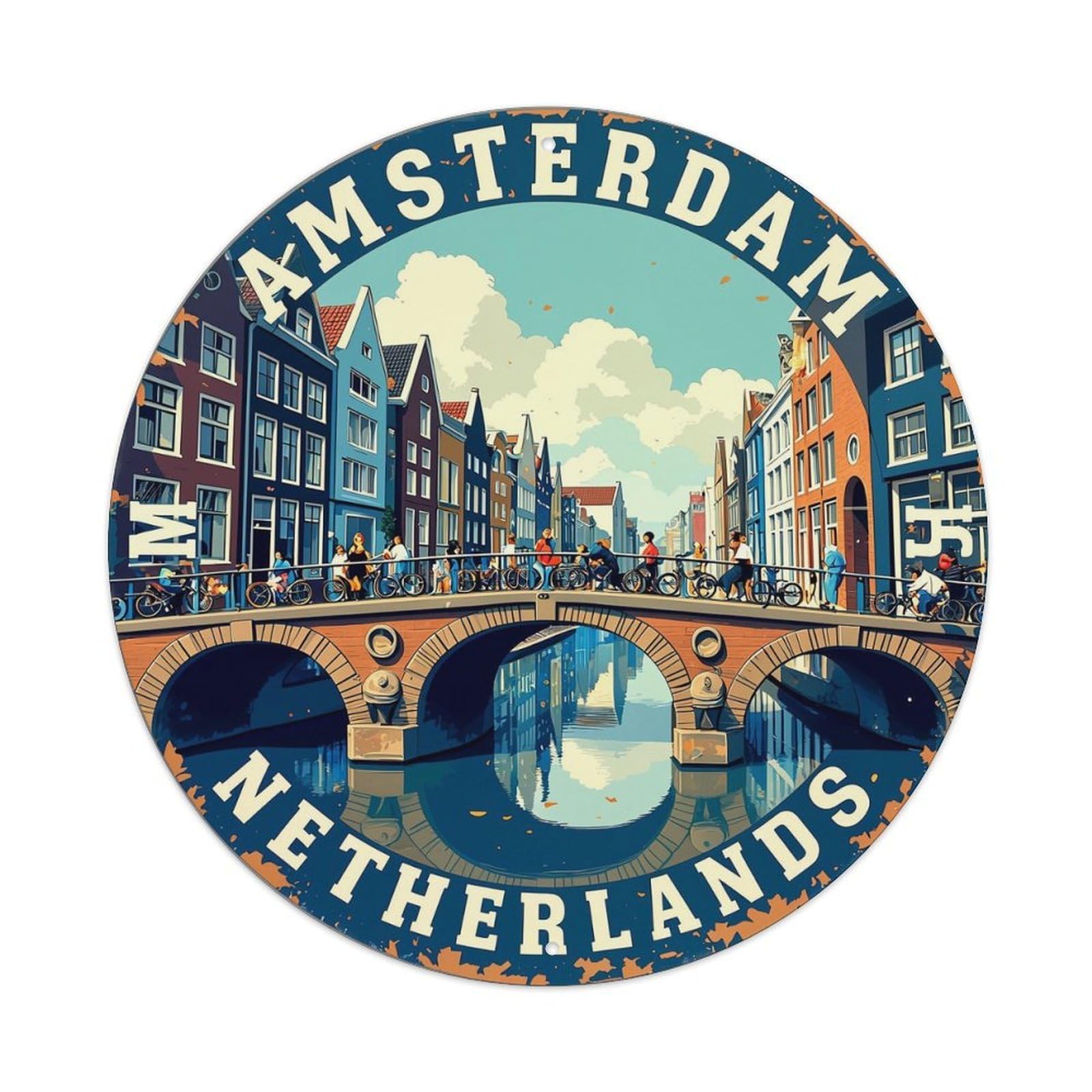Amsterdam Canal Bridge Scene Print Metal Tin Sign Plaque