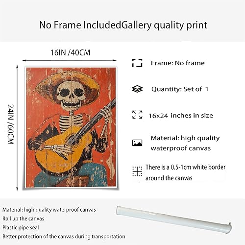 Miniatura 2 de BIGAOYS Divertido lienzo de esqueleto para pared, póster de cultura mexicana, esqueleto vaquero tocando una guitarra, arte de pared de 16 x 24