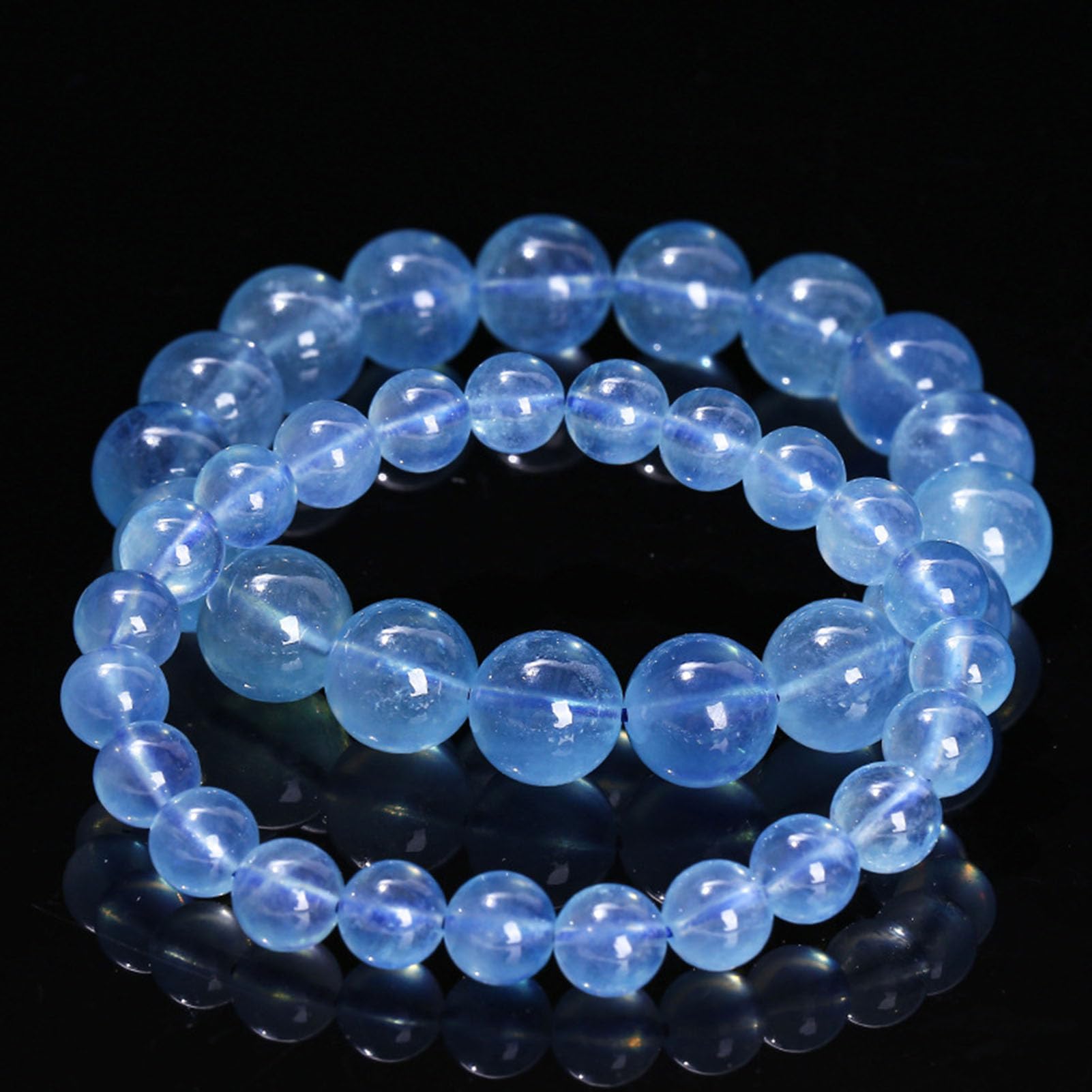 Bracciale Elasticizzato con Vera Acquamarina per Donna e Uomo, Perline di Cristallo Azzurro Naturale per Il Chakra della Gola, Comunicazione Calma energia Yoga, Regalo Compleanno,7a,9MM