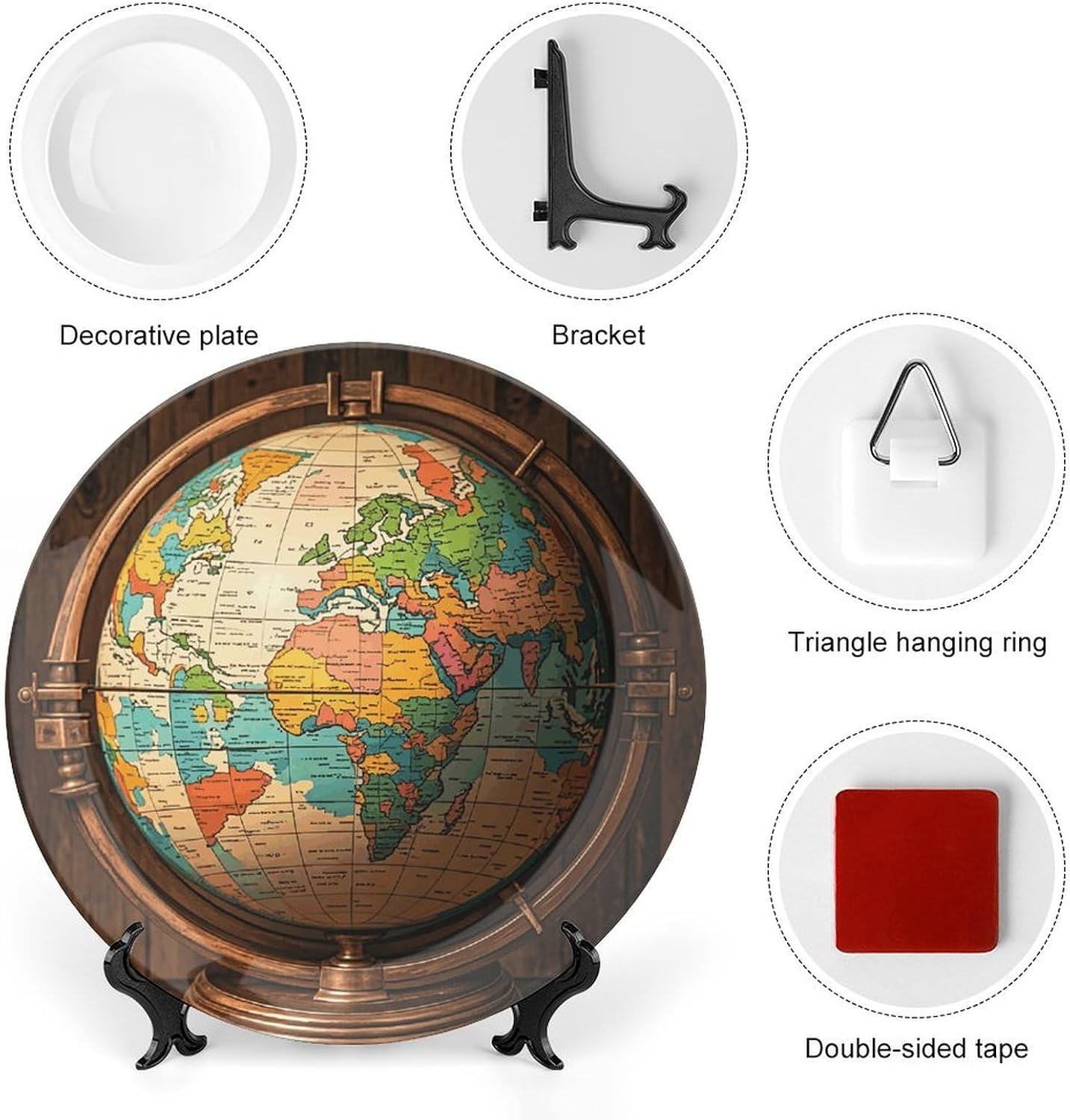 8 in Bone China Decorative Plate Set with Display Stand Porcelain Ancient World Globe Dinner Plates for Wall Hanging Home Office Collections Ceramic Ornaments No Drill Wall Mount Kit Included image 3