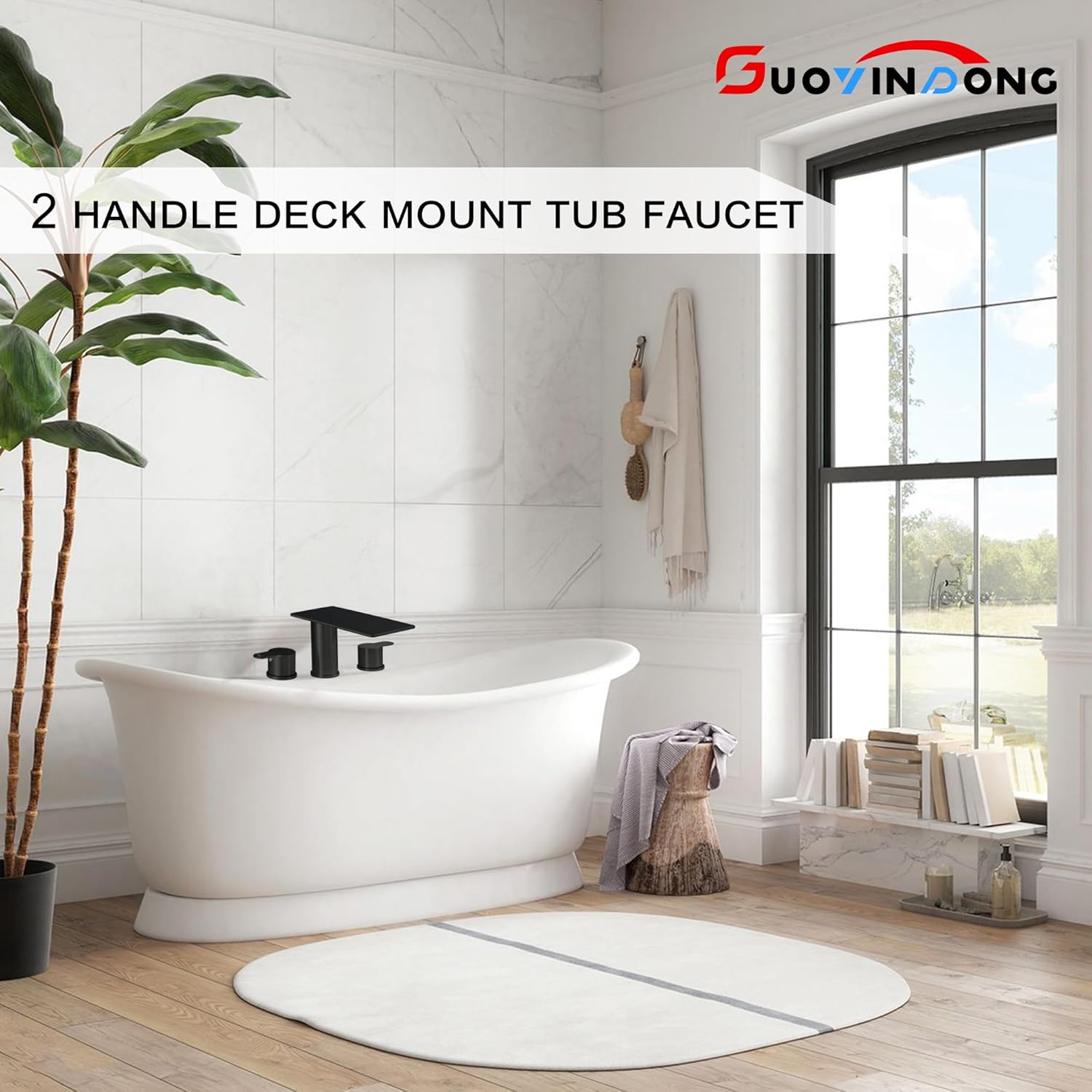 Matte Black Roman Tub Faucet, 3 HoleWaterfall Bath Tub Faucet Set High Flow 2 Handle Deck Mount Bathtub Faucets