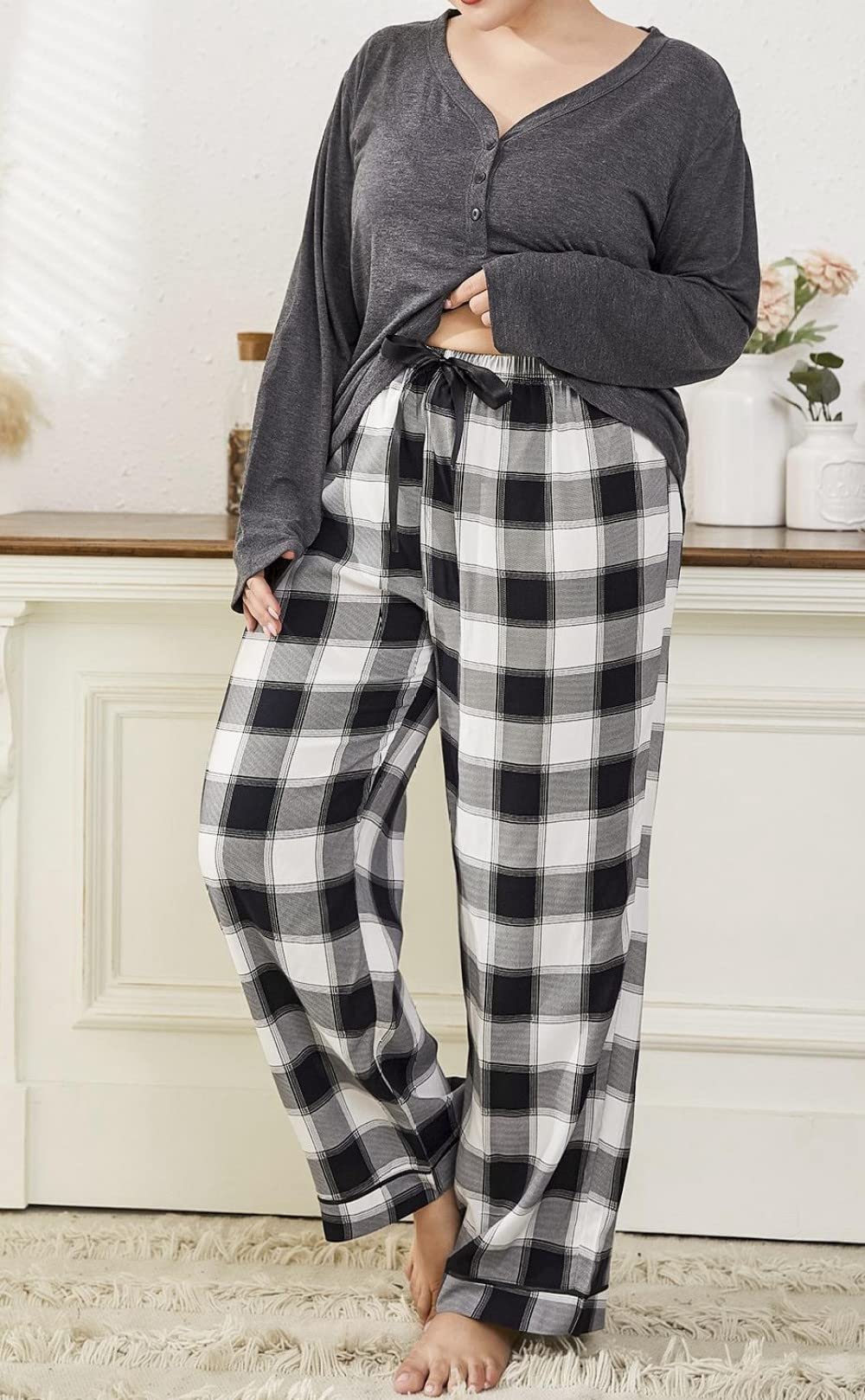 Ensembles De Pyjama Femme,Haut Gris À Col en V De Grande Taille, Pantalon À Carreaux Ensemble De Vêtements De Nuit pour Femme Pyjama Deux Pièces Soft Classic Casual Loungewear Cadeau pour Femme