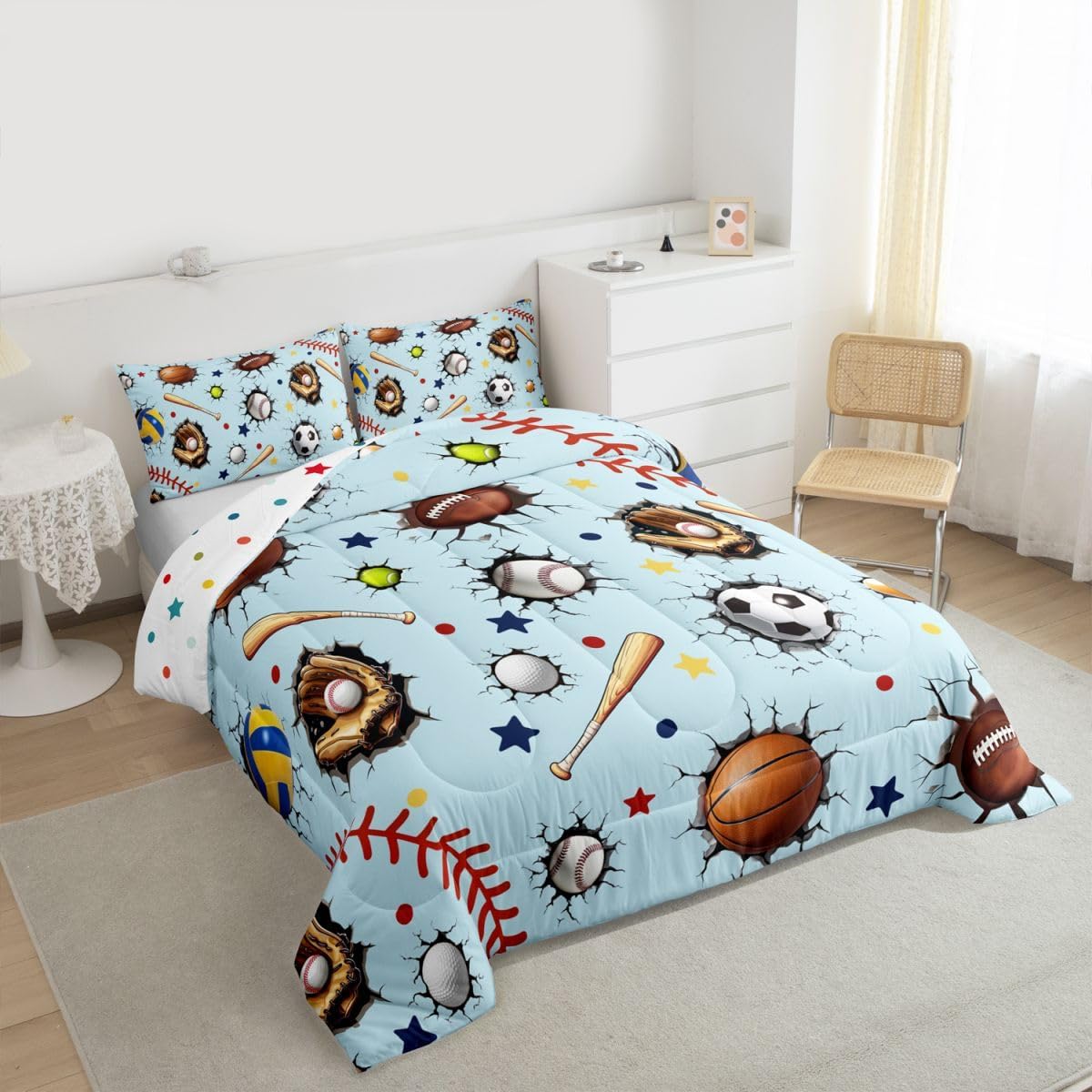 jejeloiu Ball Games Comforter Set All Season Baseball Football Bedding Set with 1 Pillow Cases Soccer Basketball Microfiber Kids Twin Bedclothes Sports Game Bedroom Decor Duvet Quilt Soft Lightweight