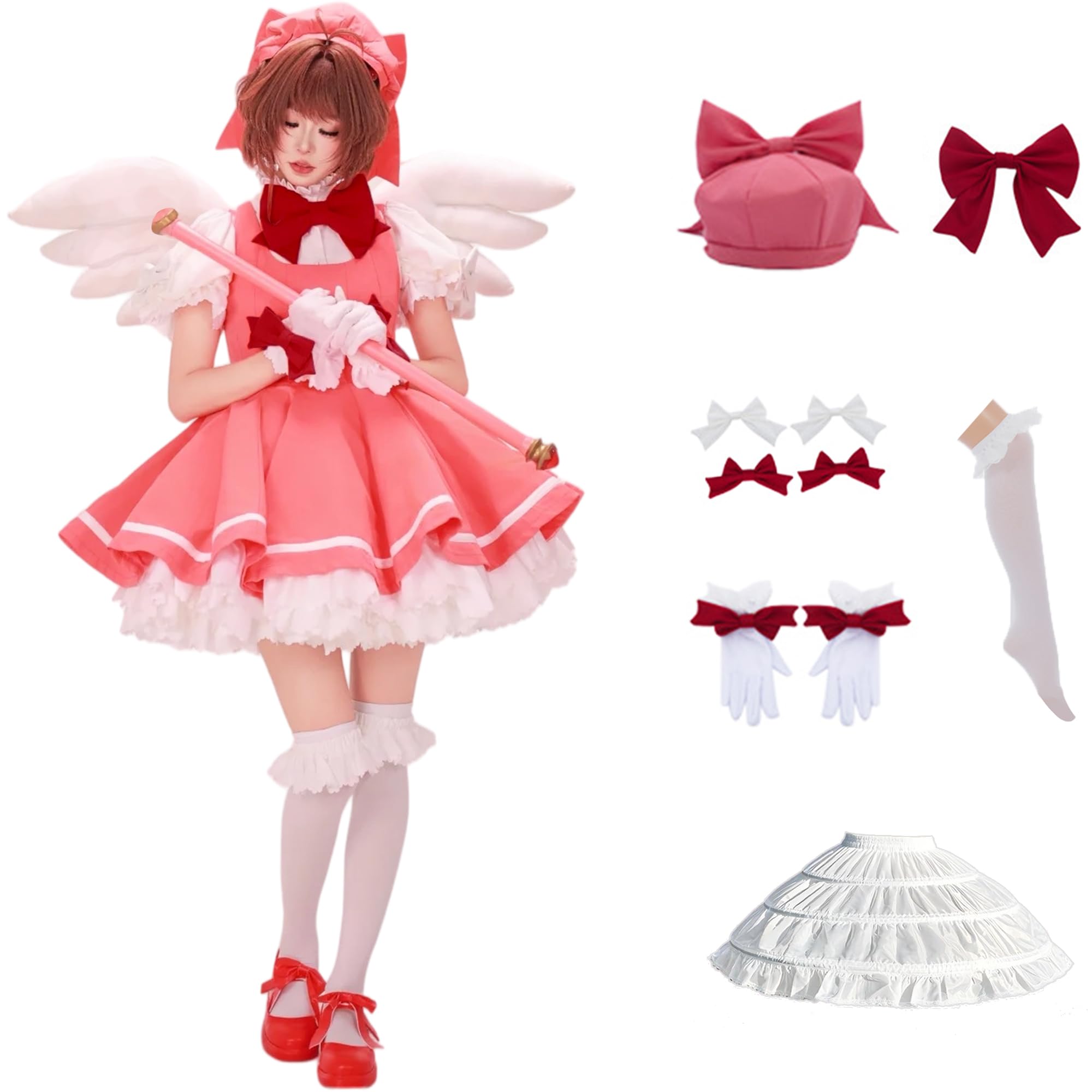 COLSA Women Halloween Anime Cardcaptor Card Captor Cosplay Costume Pink Dress Outfits Bat…