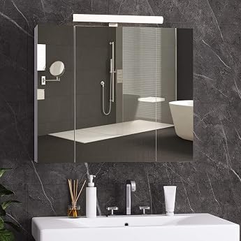 Dictac Bathroom Mirror Cabinet with LED Lighting Socket and Light Switch 70 x 15 x 60 cm W x D x H Bathroom Mirror Cabinet with 3 Doors Bathroom Cabinet with Mirror Wall Cupboard Bathroom