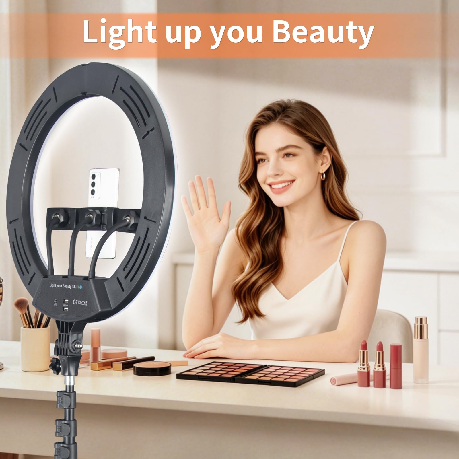 18 Zoll Ringlicht Groß mit Stativ Handy | 26 RGB-Modus Ring Light mit 3 Telefonhaltern, Dimmbar Ringleuchte für YouTube, TikTok, Streaming, Make-up, Kamera