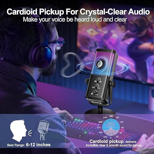 Miniatura 5 de Micrófono USB para juegos con equilibrio de chat de juego, micrófono de condensador RGB con cancelación de ruido, silencio rápido y monitoreo, para