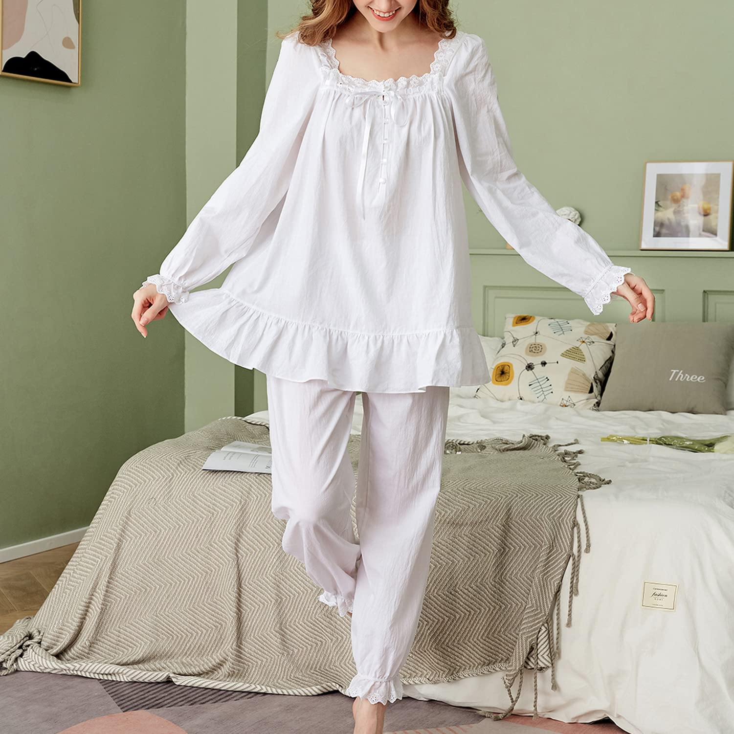 Damen Baumwolle Zweiteiliger Pyjama Set Vintage Langarm Oberteil und Hose Spitze Rüschen Nachtwäsche Viktorianische Nachtwäsche