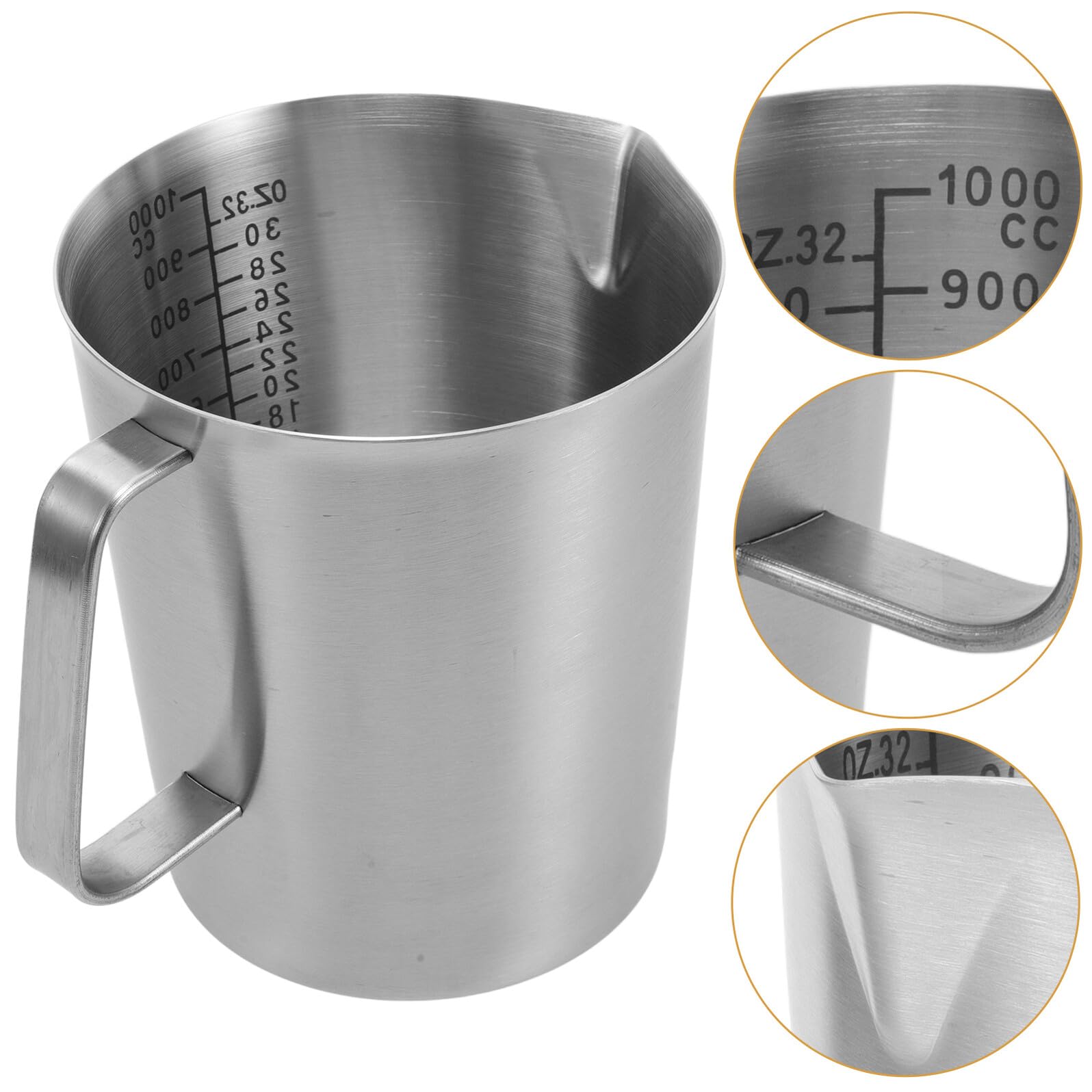 Housoutil Taza Medidora de Acero Inoxidable 1000Ml Asa y Escala Graduada Jarra Espumadora de Leche para Café y Latte Resistente y Apta para Calentamiento