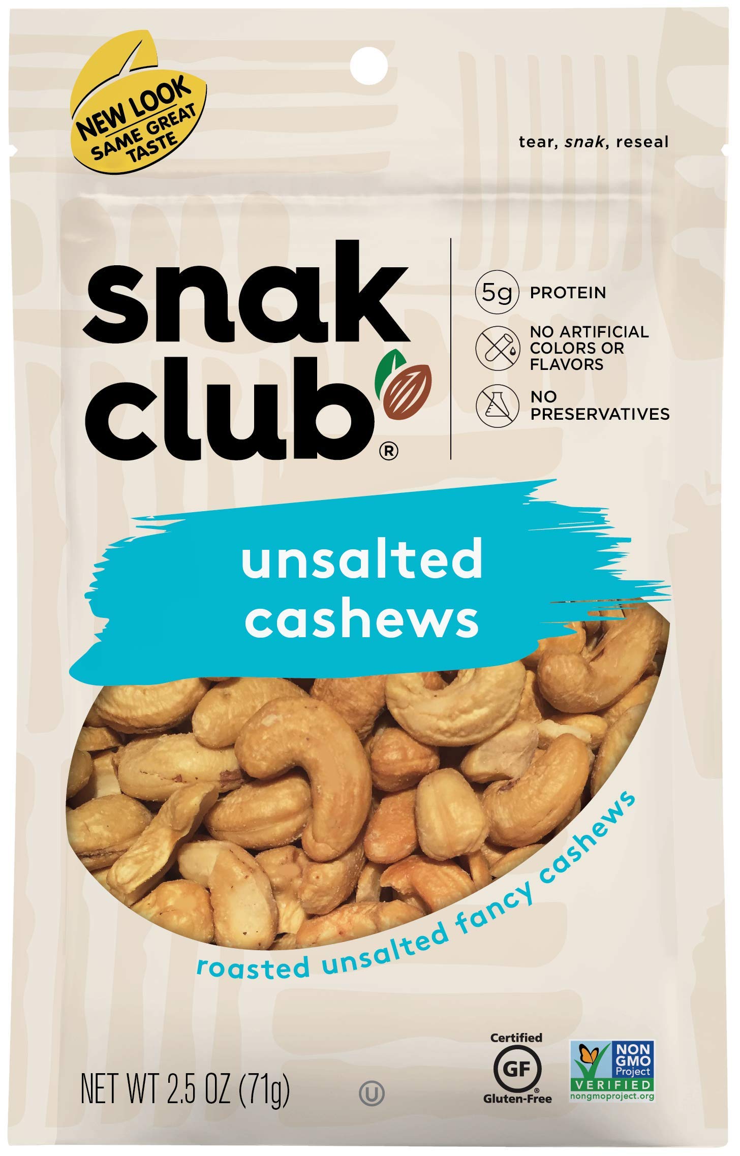 Snak Club Roasted & Unsalted Cashews, 2.5 Ounce (Pack of 6)