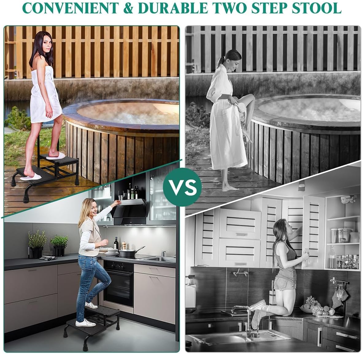 2 Step Stool with Handle, Height Adjustable Stepping Stool, Step Foot Stool with Non-Skid Platform & Luminous Strip, Holds up to 400 Pounds for Kitchen, RV, Car, Bathtub