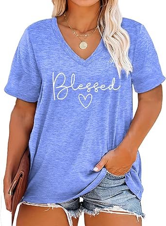 Plus Size Blessed Shirts Women V Neck T Shirts Short Sleeve Tshirts Summer Tops