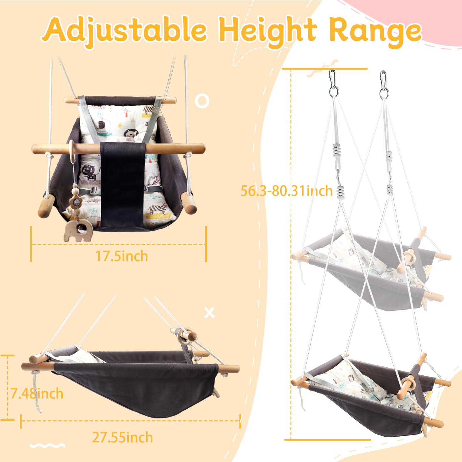 Columpio para bebés al aire libre e interior para bebés y niños pequeños, columpio portátil ajustable para porche con cinturón de seguridad de 5 puntos, silla colgante de árbol para niños, 4