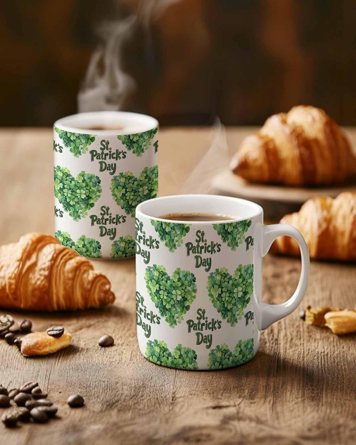 BEMIGO Ceramic Coffee Mug St Patrick's Day Ceramic Mug White Cup, Love Four-leaf Grass Insulated Coffee Cup with Handle with Pattern Perfect for Tea and Hot Beverages, 12oz