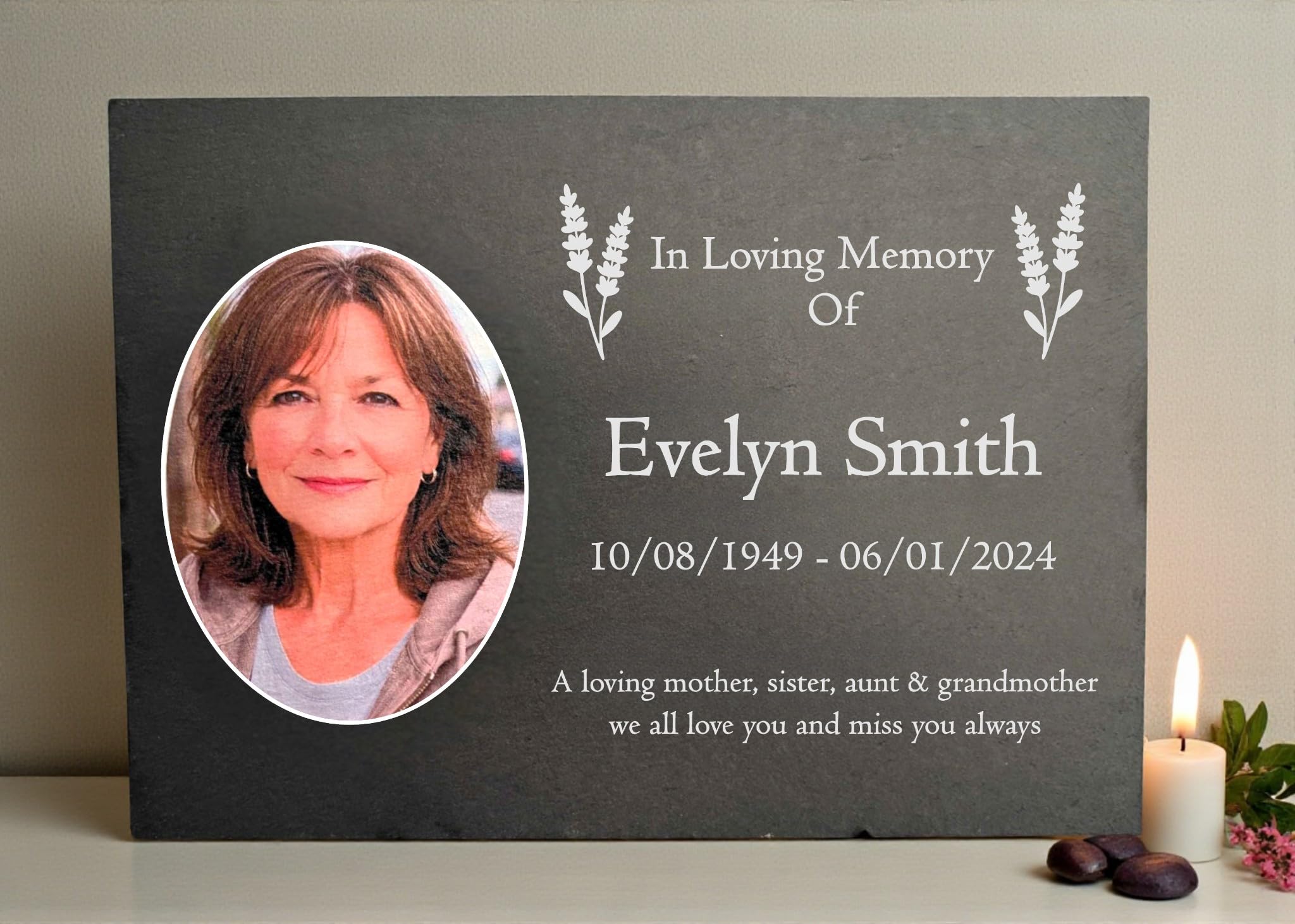 Photo Slate Memorial Plaque, Lavender, Add a Portrait & Personalised Text | 35×25cm (14×10”)