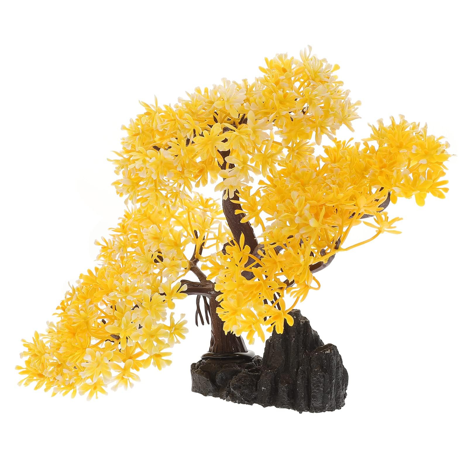 LOGOFUN Aquarium Artificial Trees Underwater Aquatic Plant with Mountain Fish Tank Accessory Decorations (Yellow)