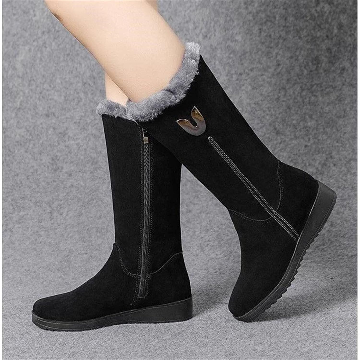 YDYCG Winter Zipper Fashion Low Heels Gladiator Plush Motorcycle Boots Lady Shoes Women Boots (Color : Black, Shoe Size : 7.5)