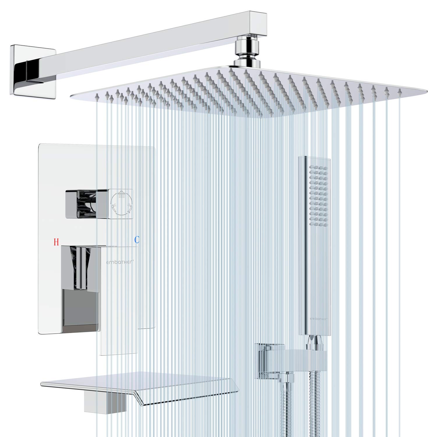 EMBATHER Shower System with Waterfall Tub Spout- 12 Inches Chrome Rain Shower Tub Faucet Set with Square Showerhead and Handhled-Eco-Friendly（Valve included）