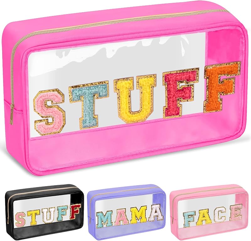 Necessaire transparente izuzta com letras de chenille, zíper e acabamento em nylon, STUFF-Rose