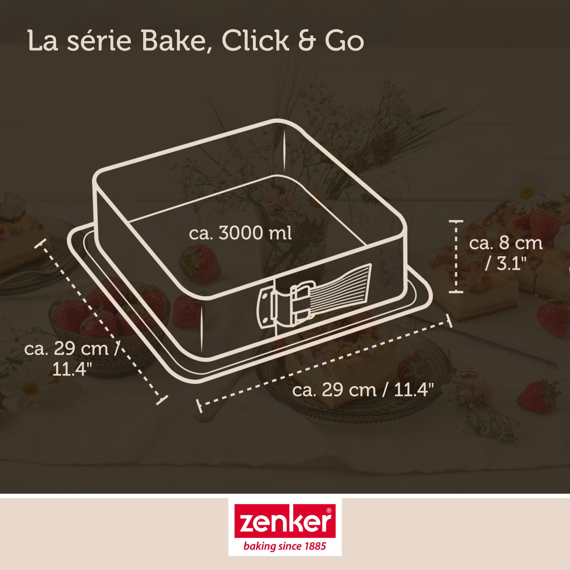 Zenker Bake, Click & Go Moule à charnière carré – 24 x 24 x 8 cm – Moule à gâteau avec couvercle vendu séparément pour un transport direct – Moule à gâteau pour la cuisson et le transport