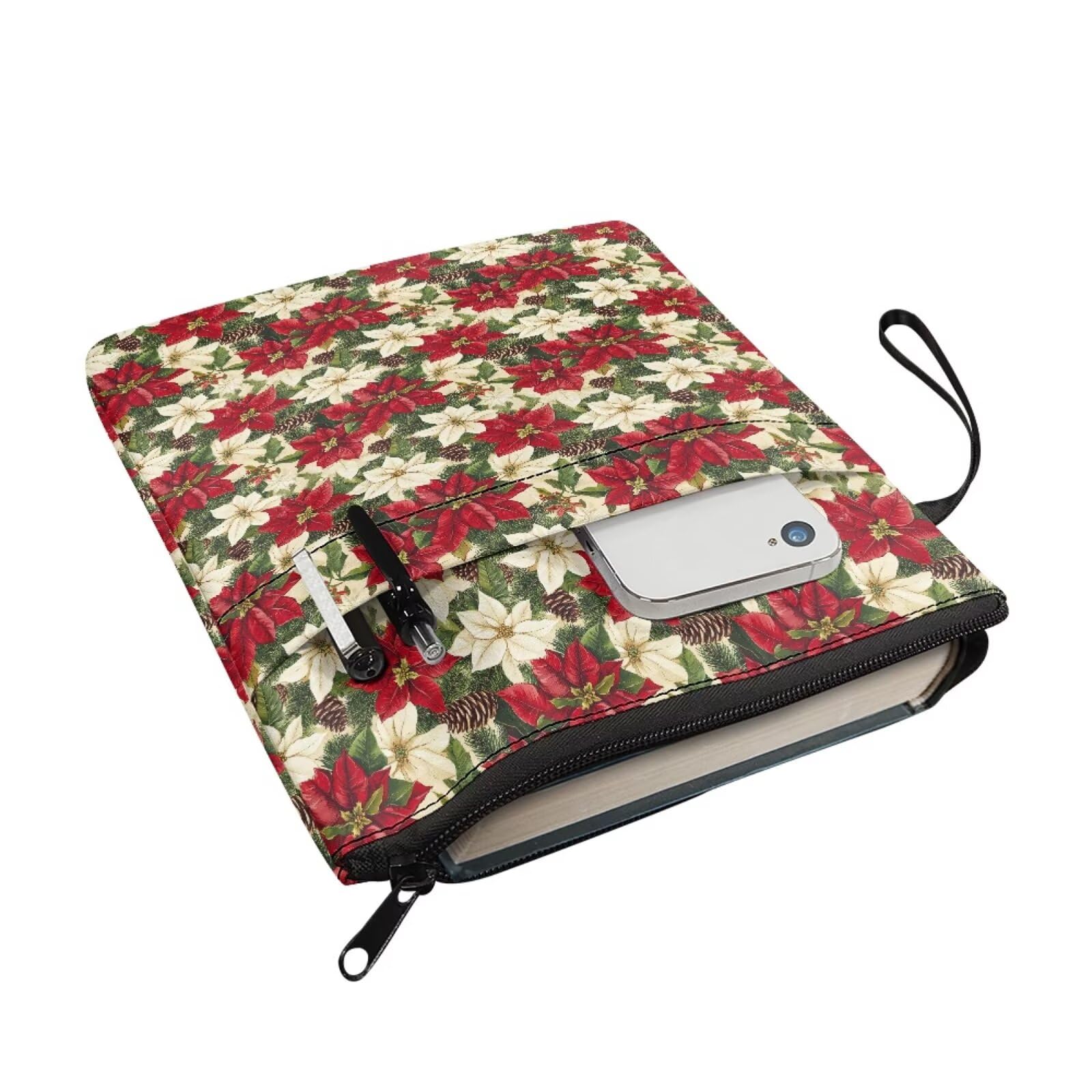 Binienty Retro Christmas Floral Book Sleeve with Zipper for Kids Teens Book Cover Pouch for Paperback Large Fabric Book Carry Case - Image 3