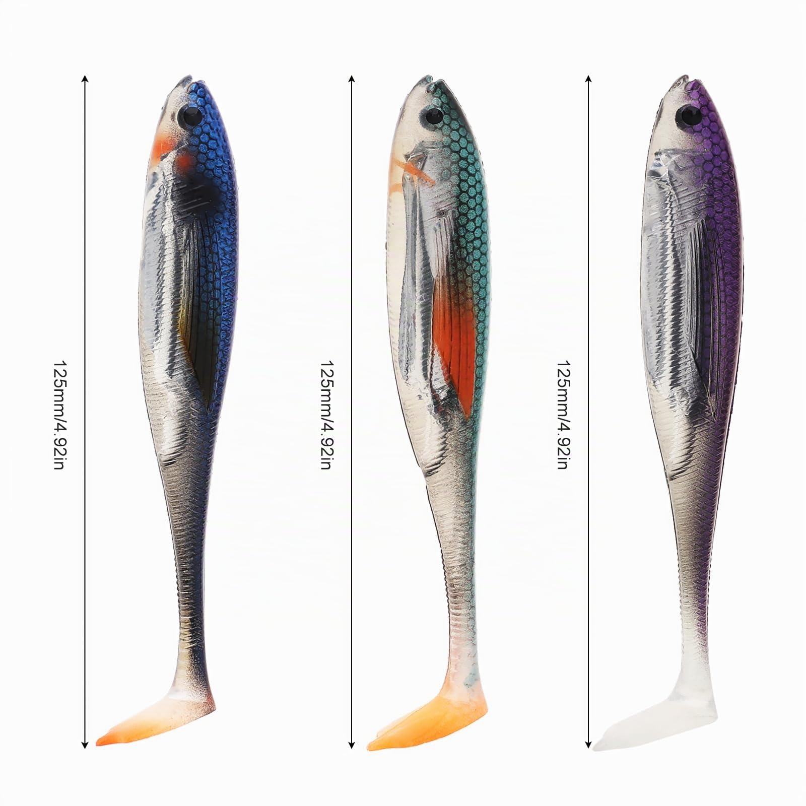 Lot de 6 leurres de pêche souples en plastique - Appâts artificiels - Pour bar, brochet, truite, perche - Accessoire de pêche pour eau salée et eau douce