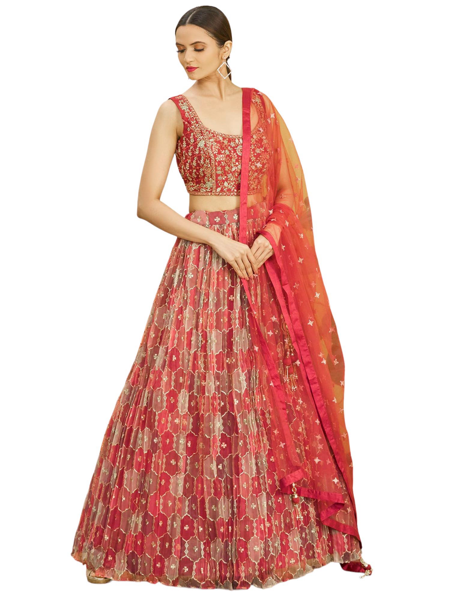 Women's Chinon Silk Embroidered Mirror Work Semi-Stitched Lehenga Choli With Dupatta (112-Brown-Wedding-Bridal-Latest-New; Free Size; Green)-image-42