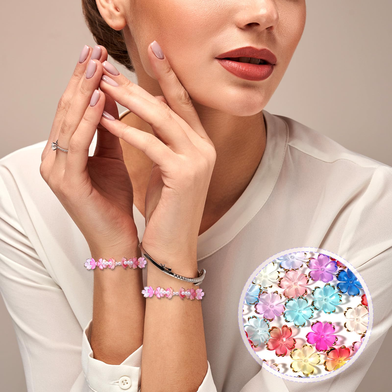 Simarro 100 Perline Acriliche A Fiore Di Ciliegio, Colori Gradiente 1,8 Cm, Per Gioielli Fai Da Te, Bracciali, Collane, Distanziatori - 5