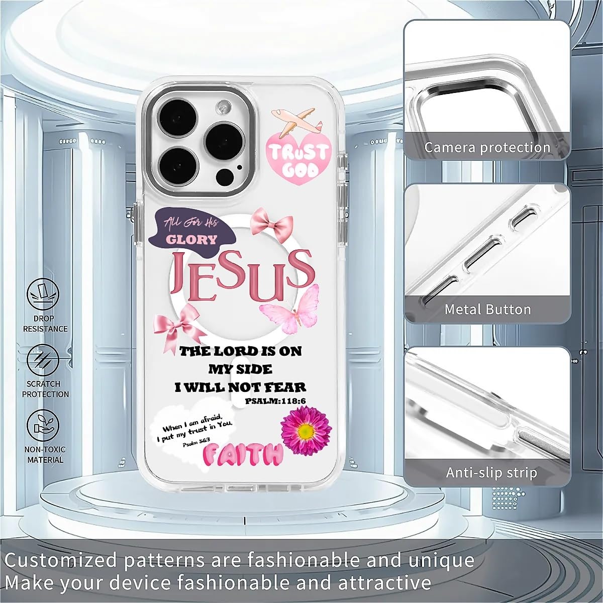 Funda para iPhone 16 [compatible con Magsafe], funda magnética transparente de silicona a prueba de golpes con patrón de cinta de mariposa de Jesús Fe