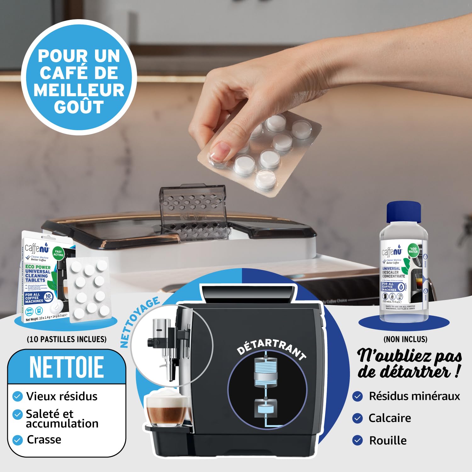 Caffenu Tablettes de nettoyage pour machine à café | 10 tablettes de 1,4 g | utilisées toutes les 100 tasses | pour voiture