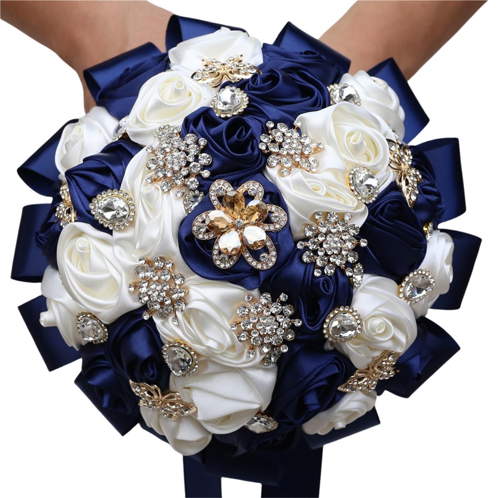 Kunyos Navy Blue And White Bridal Wedding Bouquet, Artificial Ribbon Flowers, Decorated With Flowers And Teardrop Rhinestones, Rose Bouquets For Brides And Bridesmaids, Suitable For Various Occasions(Navy Blue And White)