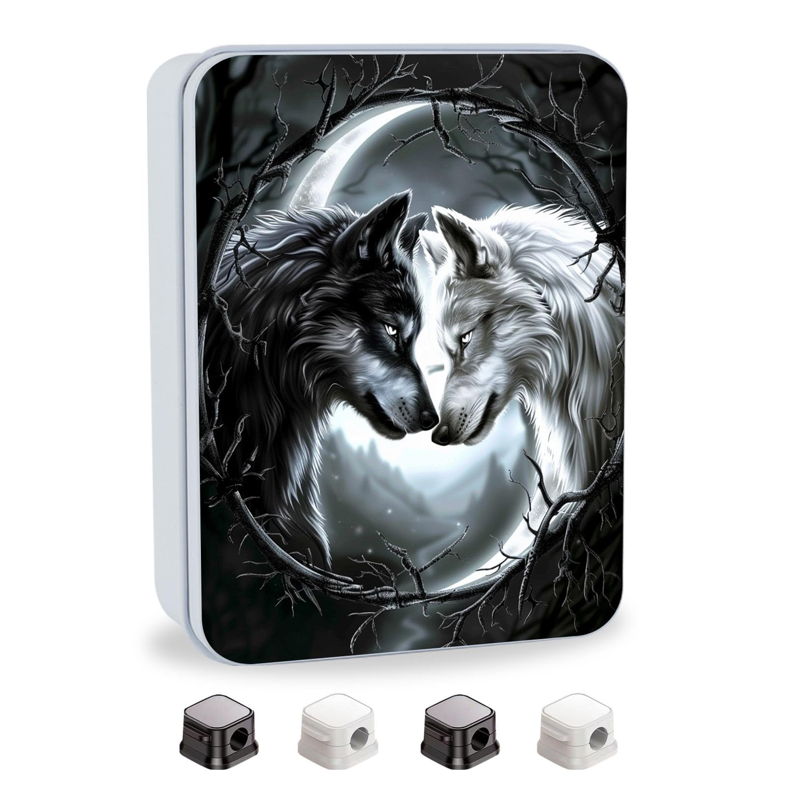 Metal Tin Box with Lid,Multi-functional Storage Large Box Can Store Tea Biscuits Game Cards, Playing &amp; Tarot Cards-Comes with 4 Magnetic Cord Clips,Black and White Twin Wolves
