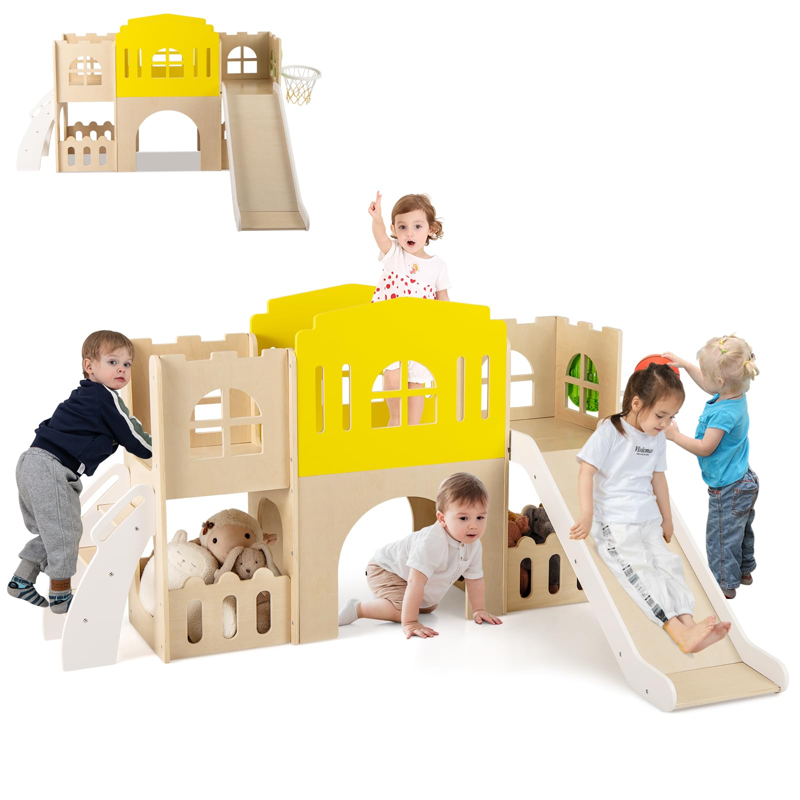 HOMASIS 7 in 1 Kinderrutsche Indoor, Kinder Rutsche mit Basketballkorb | Kletterleiter mit Tunnel Stauraum, Holz Spielplatz im Burgform, Outdoor Babyrutsche Rutschenset für Kinder, 169 x 125 x 98 cm