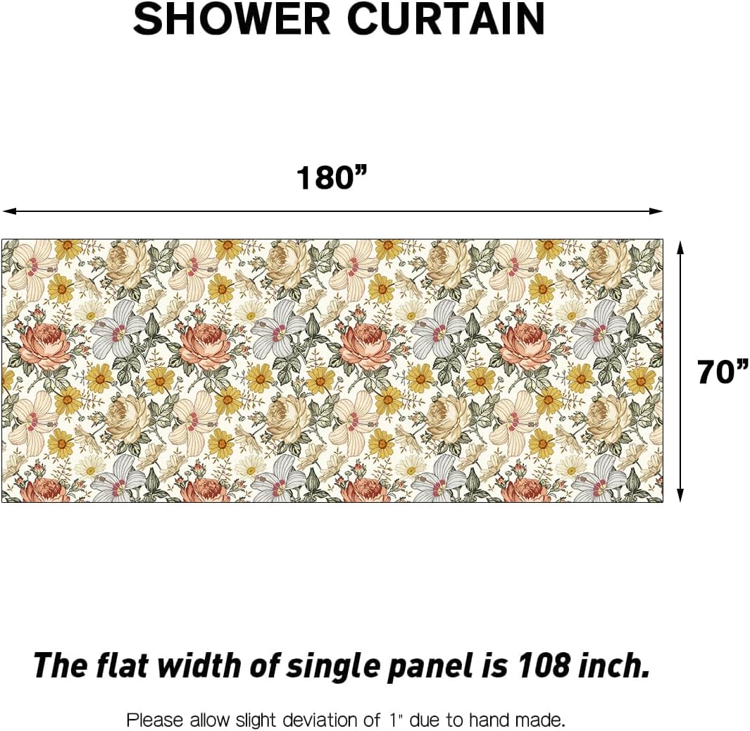 Coxila Yellow Floral Shower Curtain Extra Wide Large Long Clawfoot Tub Wrap Around Flower Vintage Plant Aesthetic Colorful Boho Peony Rose Daisy Bathroom 180 x 70 Inch Polyester Fabric 31 Pack Hooks