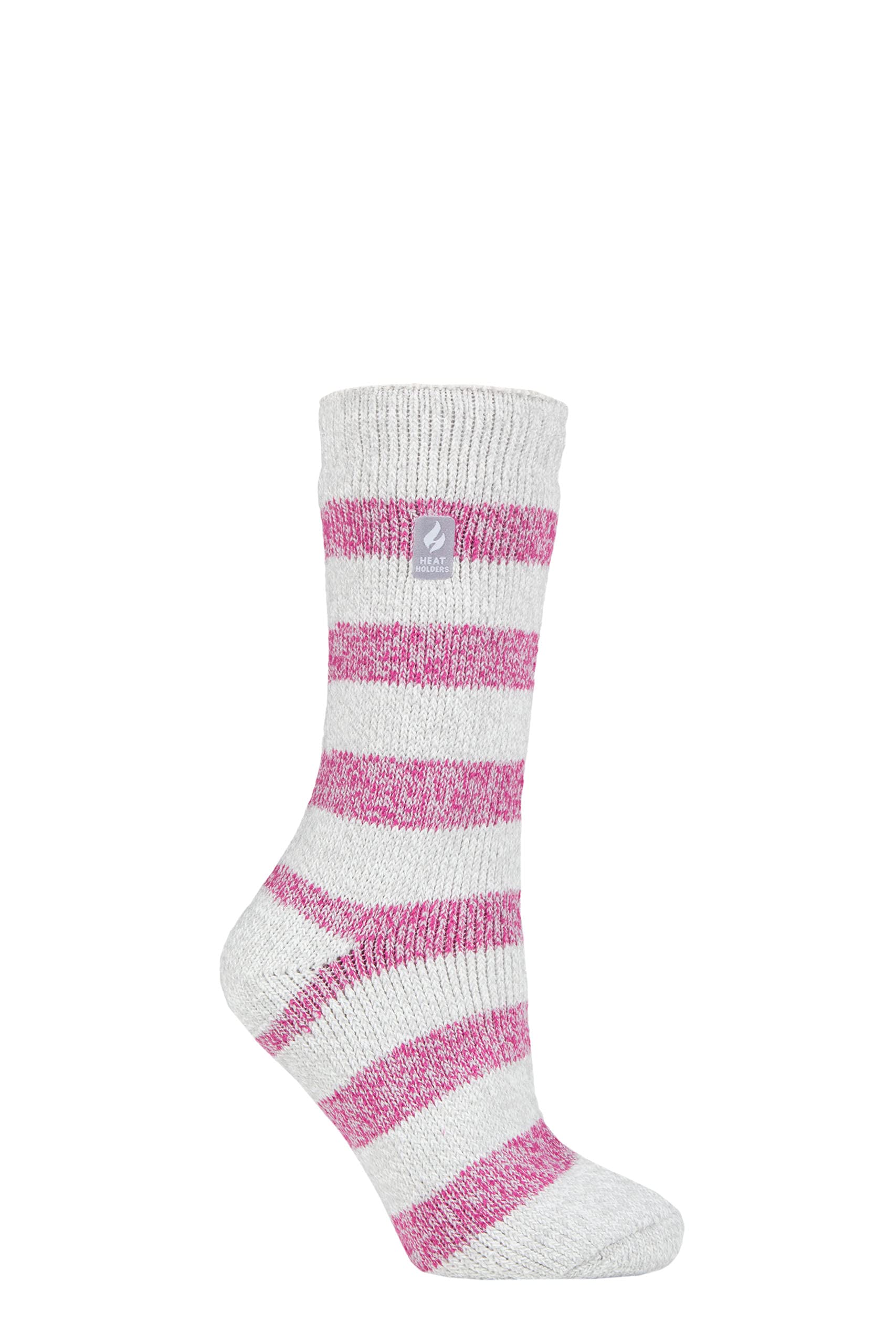 Heat Holders Women's Tuscany Chunky Stripe Light Grey / Berry Sockshop Socks - 2.3 Tog Thermal, Warm, Cosy, Patterned, Pack Of 1 Size 4-8 (4-8, Tuscany Chunky Stripe Light Grey/Berry)